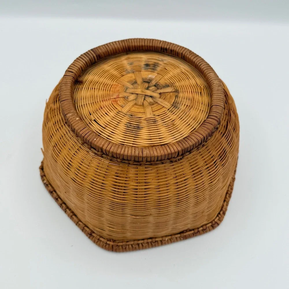 Vintage woven Wicker Basket Brown Boho Hexagonal Storage Decor Cottagecore